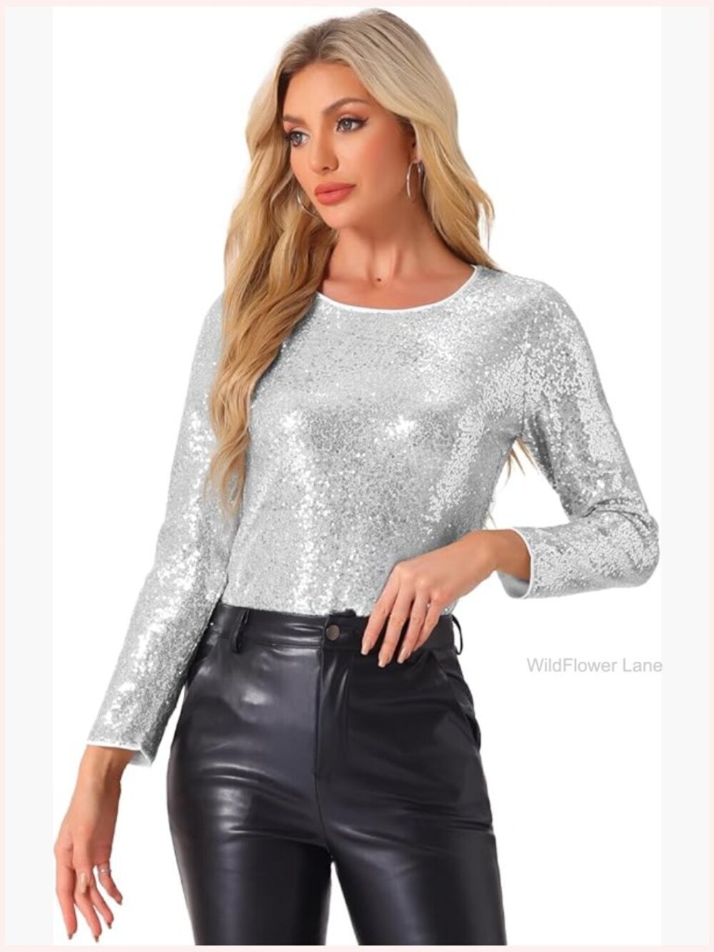 Sequin Top Round Neck Long Sleeve Sparkly Blouse for Party Club